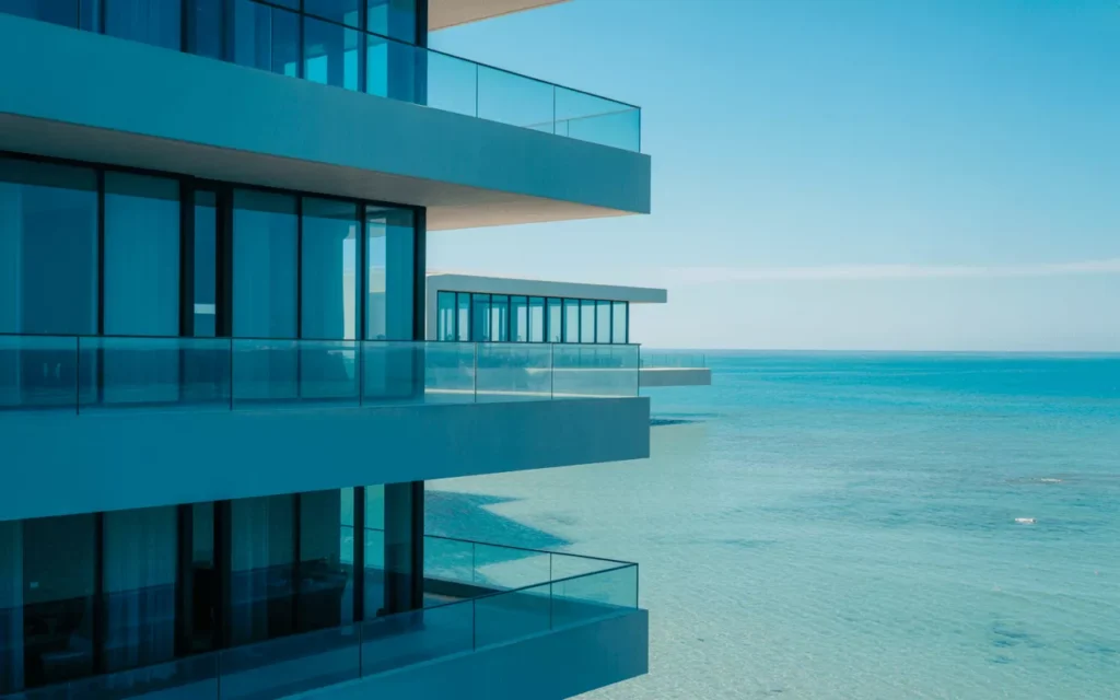 Blue-tinted tempered glass on balconies and facades reflecting sky and water, adding cool elegance and solar comfort.