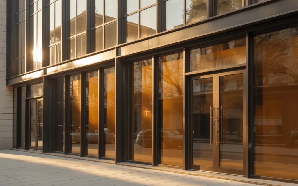 Bronze-tinted tempered glass panels on a modern building façade and interiors, glowing warmly with sunlight and elegance.