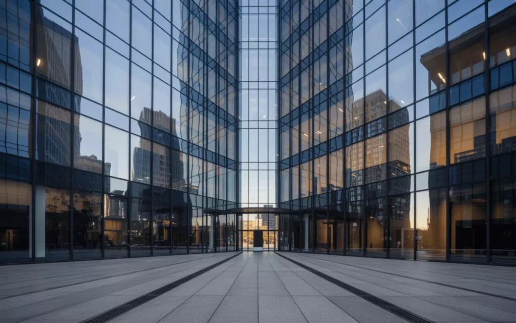 Super Grey tempered glass on modern façade and interior dividers, offering privacy, solar control, and dramatic elegance.