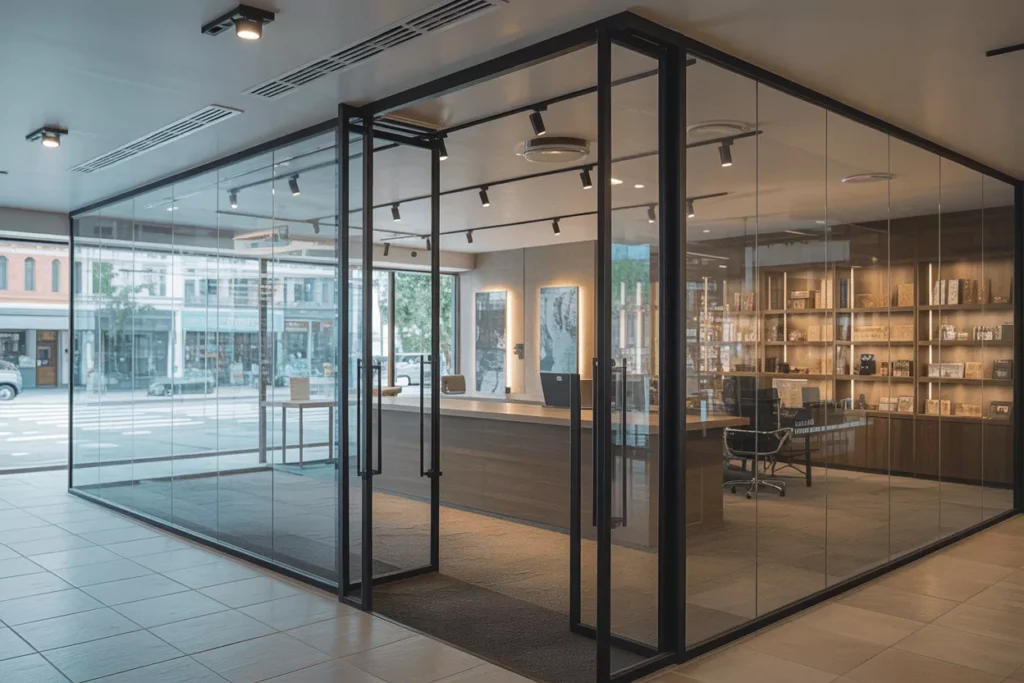 Tempered glass in businesses: storefront doors, glass conference walls, product displays, and protective reception barriers