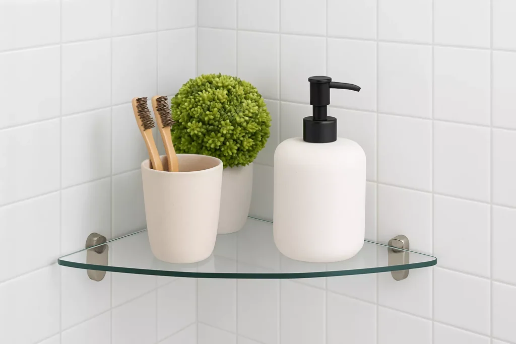 Minimalist bathroom corner with a glass shelf holding a soap dispenser, toothbrush holder, and green plant against white tiles