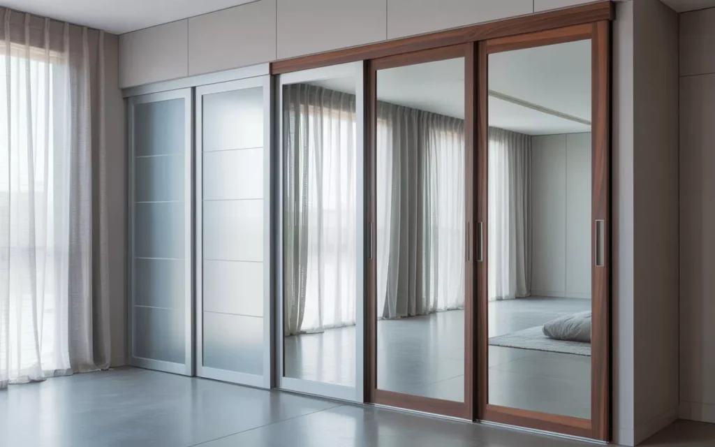 Various sliding mirror closet door styles—two-panel, three-panel, framed, frameless—displayed in a modern interior showroom.