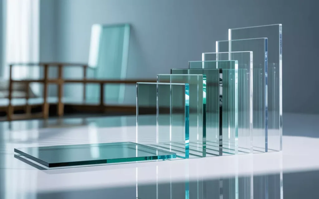 Tempered glass panels of varying thickness from thin to structural, showing strength differences for doors, windows, and railings.