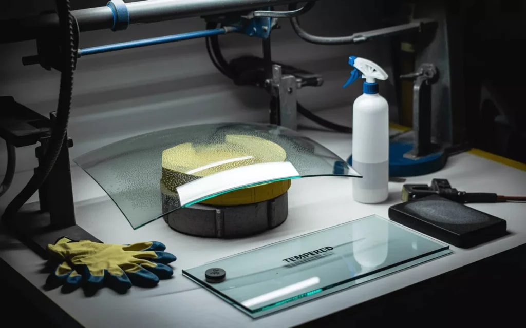 Glass polishing safety setup showing tempered and coated glass warnings, cooling water use, and risks of overheating or distortion.