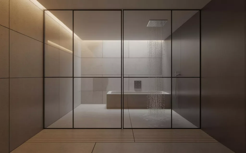 Modern wet room with half-glass divider, rainfall shower, concrete floor, walk-in tub, and concealed linear drain.