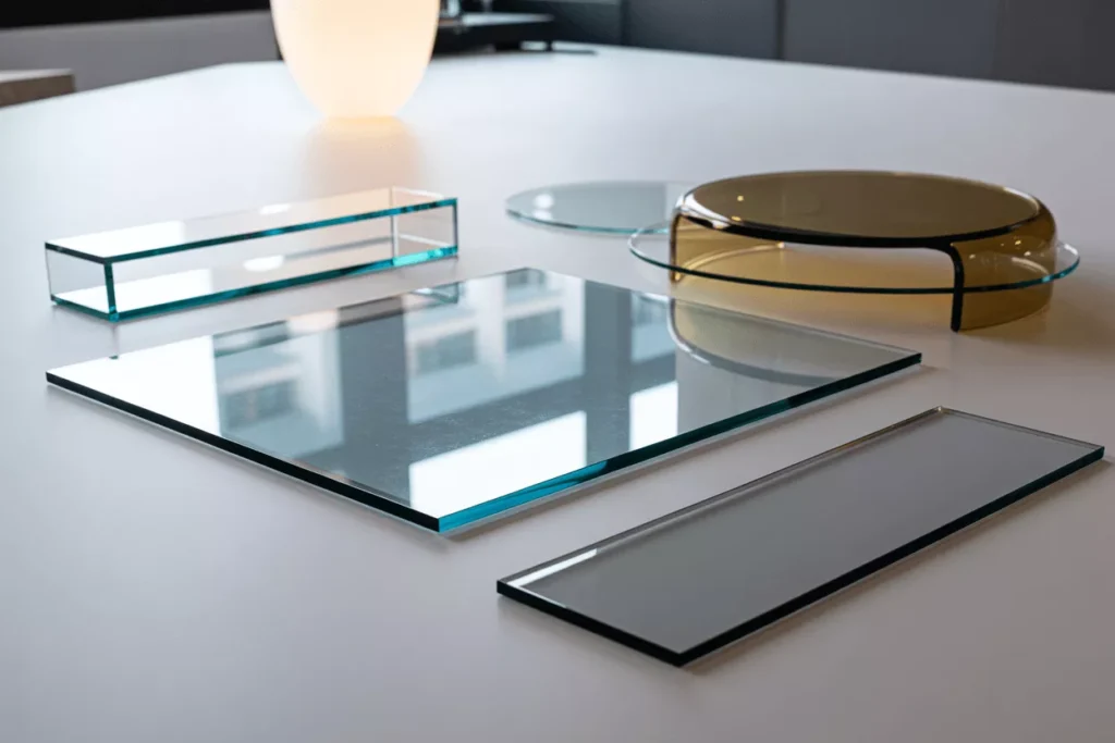 Various custom tempered glass types including panels, shelves, tinted finishes, and curved designs for modern use.