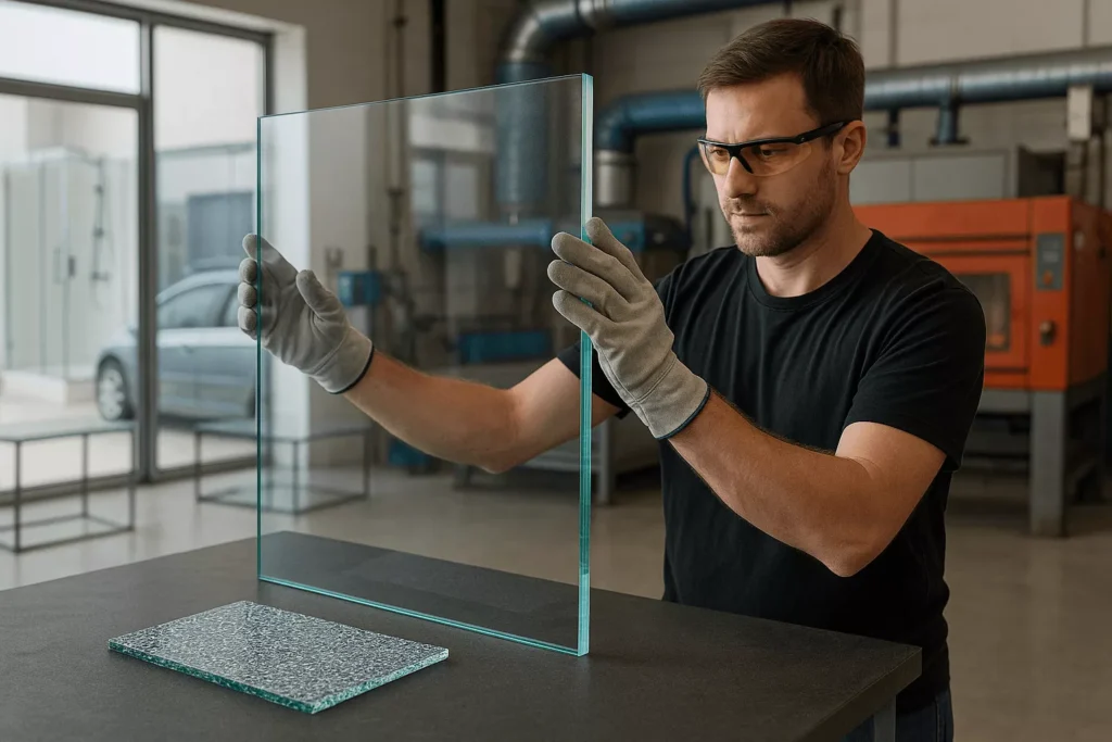 Tempered glass panel with safe break pattern, tools, and workshop setting showing strength and safety features.