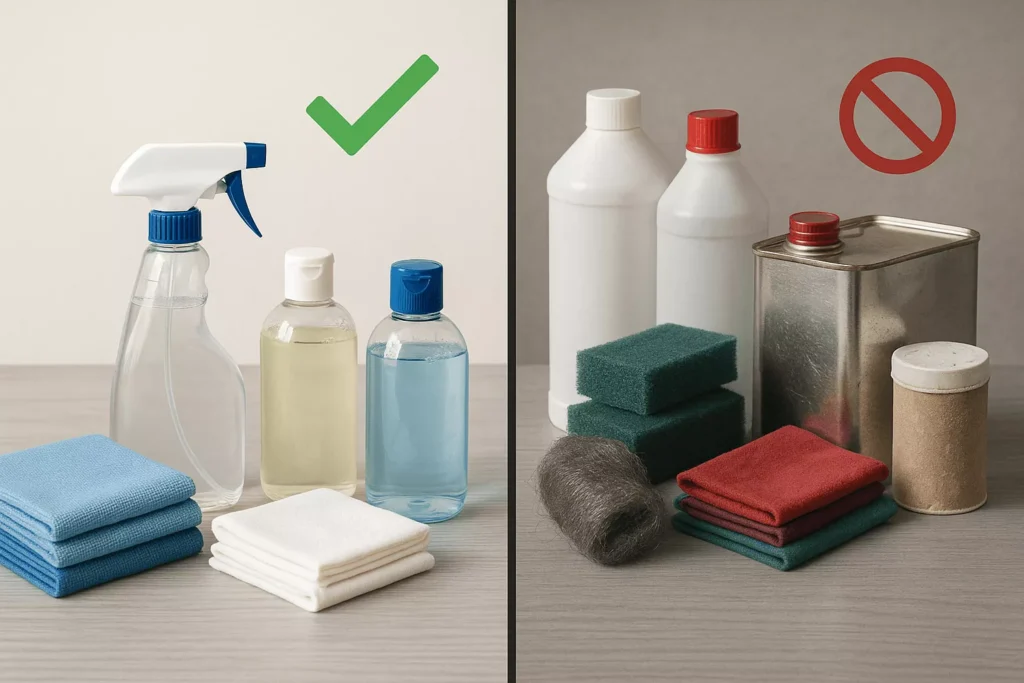 Split-screen showing safe glass cleaning tools like microfiber cloths versus unsafe items like steel wool and ammonia cleaners.