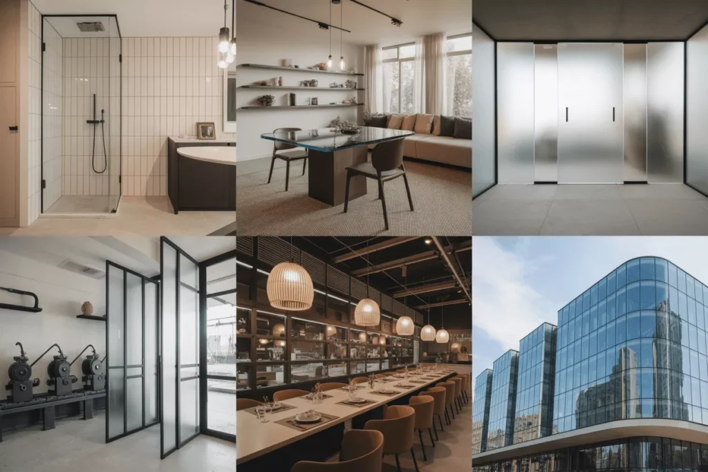 Custom tempered glass in homes, offices, stores, restaurants, and industry, including curved panels for modern design