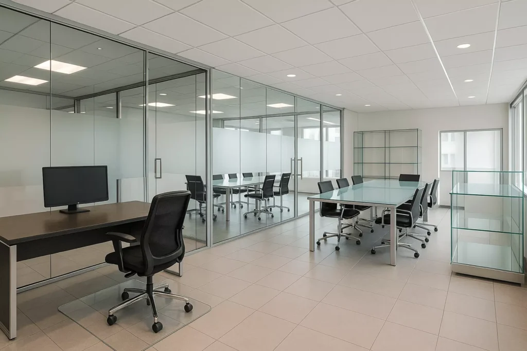 Tempered glass in offices: partitions, doors, chair mats, conference tables, and reception areas for modern design.