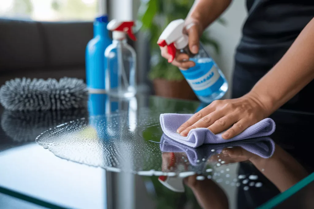 Close-up of tempered glass being cleaned with a microfiber cloth and gentle spray for safe, clear maintenance