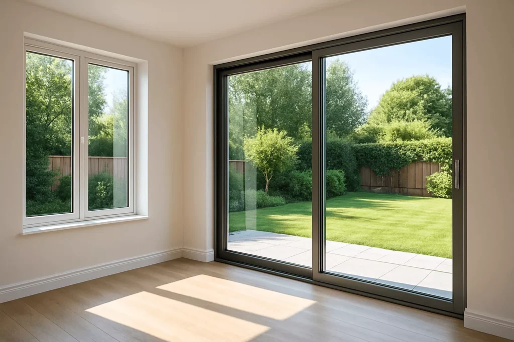 Modern living room with large tempered glass sliding doors and windows overlooking a sunny green garden.