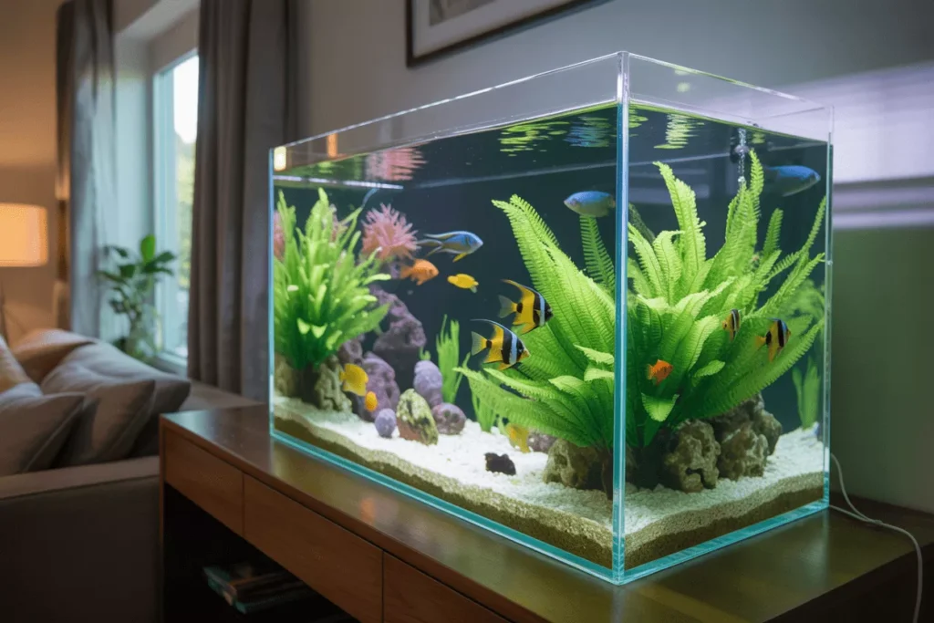 Clear acrylic home aquarium offering high visibility, shown as a lightweight alternative to fish tank glass in a real setting.