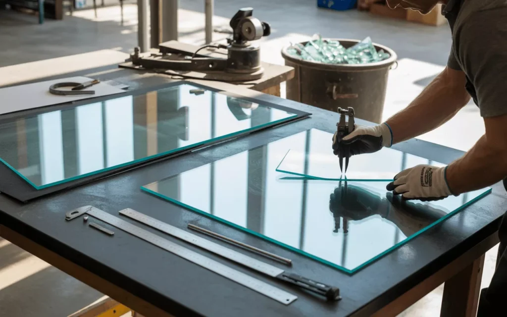 Technician inspecting tempered glass panels with grinder and measuring tools, showing replacement and recycling options.