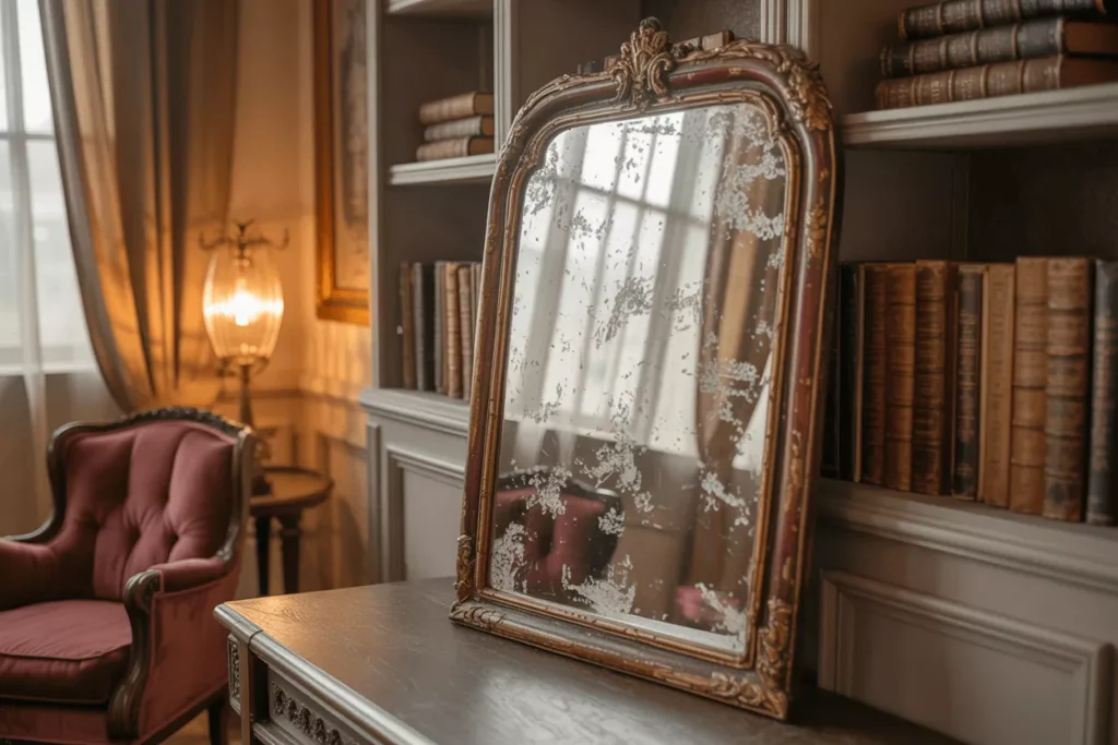 Antique mirror with patina glass and vintage frame adding nostalgic charm to a warm, eclectic interior setting.