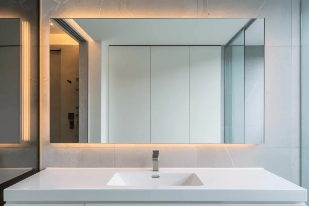 Modern bathroom with LED-backlit, anti-fog mirror above vanity reflecting soft light in a clean, elegant interior.