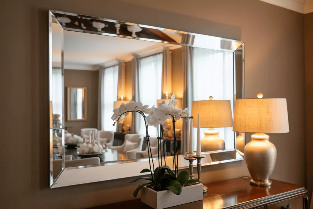 Beveled-edge mirror in an elegant entryway reflecting warm light, adding depth and refined sparkle to the interior décor.