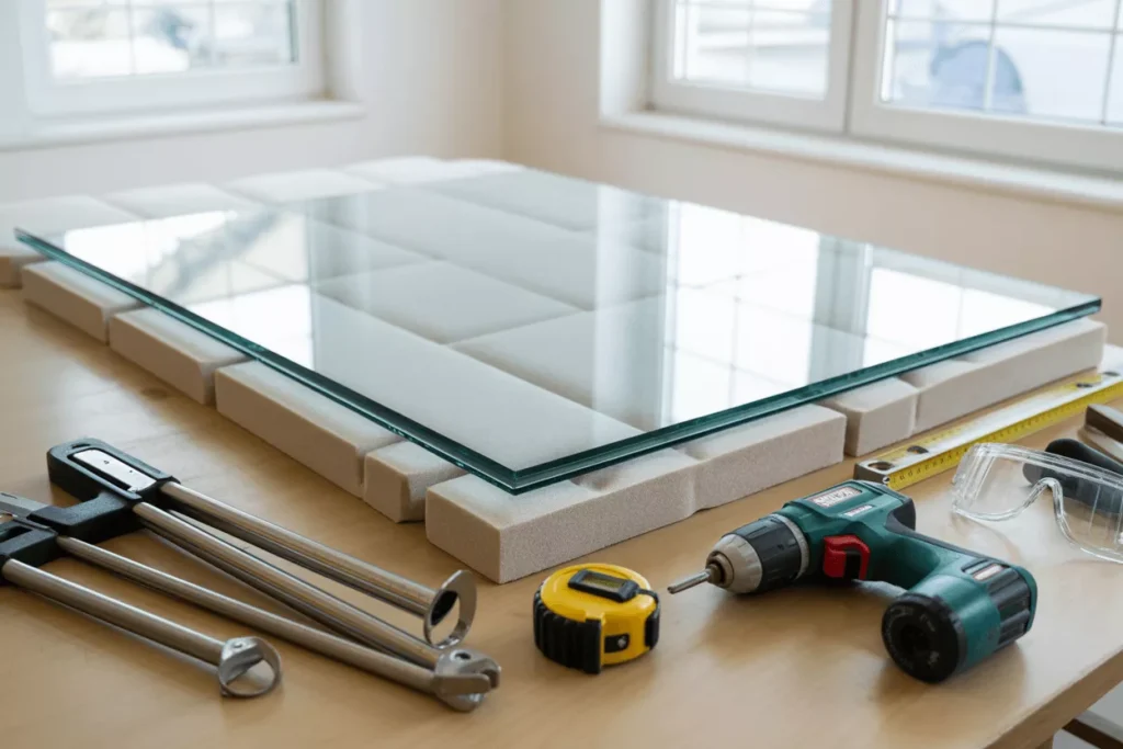 DIY homeowner preparing to install a tempered glass panel with tools, safety gear, and careful setup in a bright room.