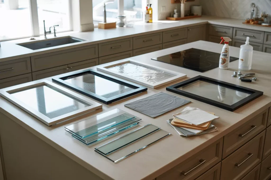 Cabinet door frames on a kitchen island displaying frosted, textured, and tinted glass inserts in mixed glass thickness.