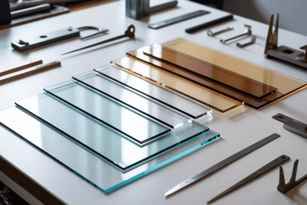 Tempered glass samples in clear, frosted, and bronze finishes showing various thicknesses and edge styles on a work surface.