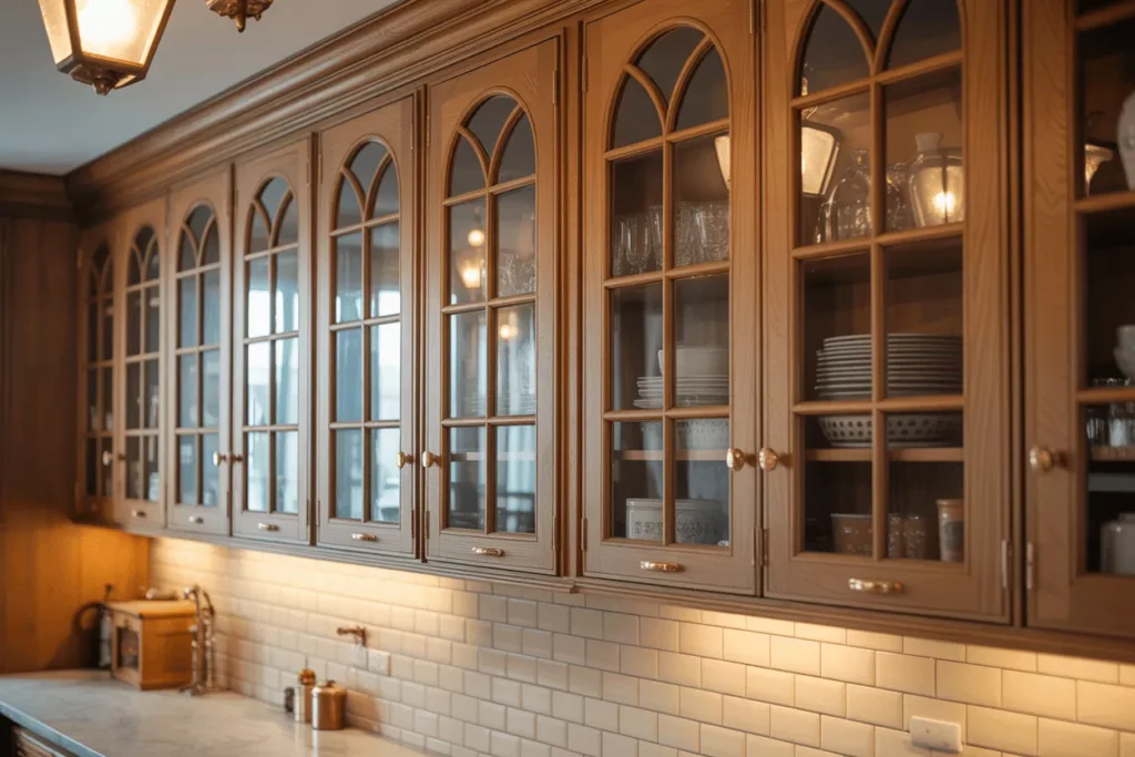 Traditional kitchen with arched glass cabinet doors, decorative mullions, frosted panes, and warm wood tones throughout.
