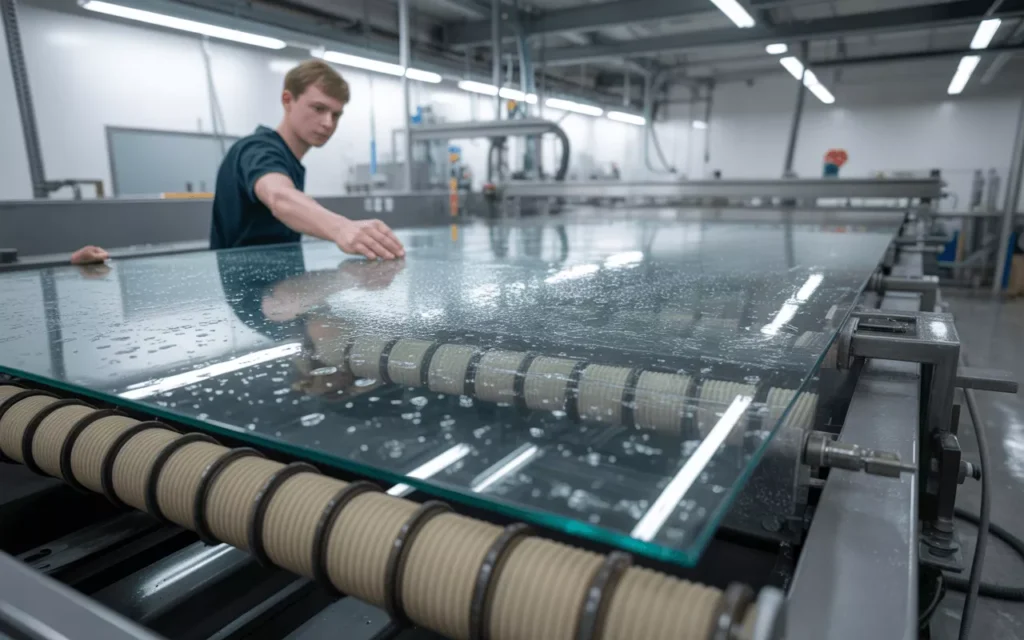 Technicians washing and inspecting glass sheet in workshop, ensuring surface is clean and defect-free before tempering.