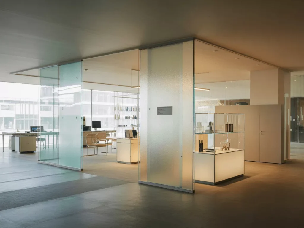 Office and retail spaces with tempered glass partitions, displays, and frosted panels showing clarity and professionalism.