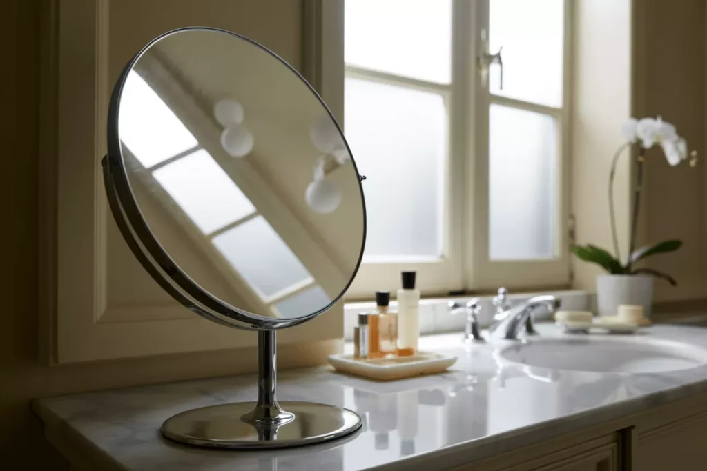 Curved concave mirror on a vanity table reflecting light, ideal for makeup, grooming, and close-up precision tasks.