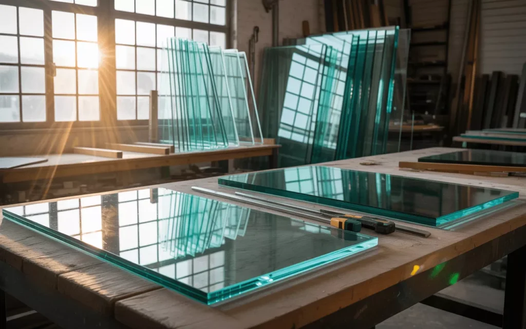 Craftsman measures and polishes custom tempered glass panels in a sunlit workshop, showing precision and clarity.
