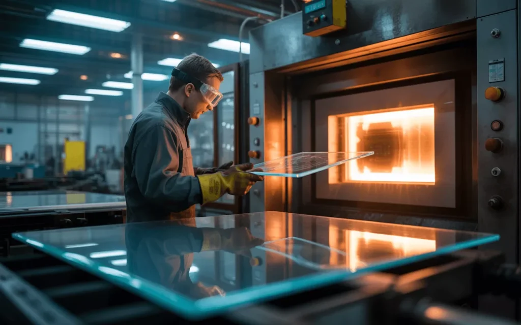 Technician inspects glowing tempered glass in modern furnace, showing strength and precision in production.