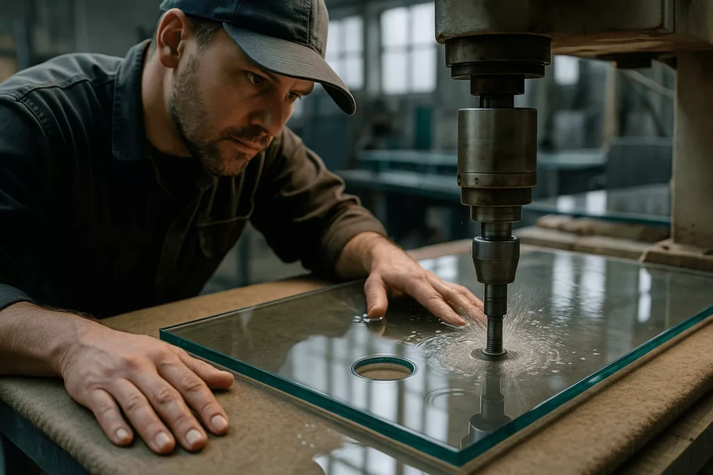 Technician drilling precise holes in glass sheet using CNC machine with water cooling before tempering process.