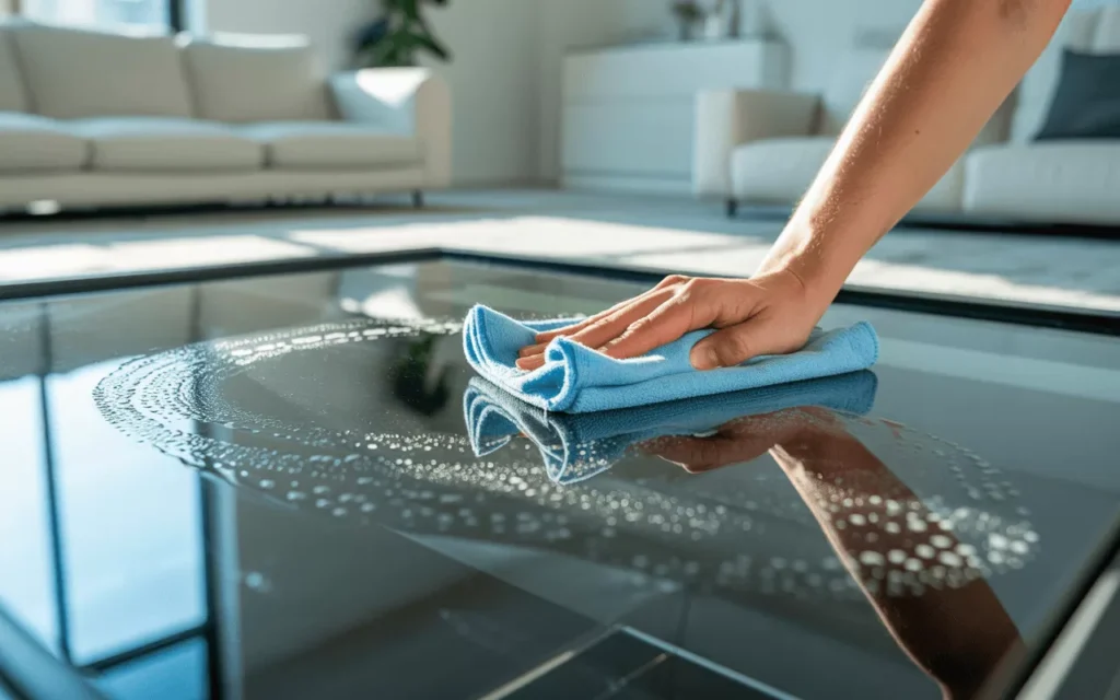 Person cleaning tempered glass panel with microfiber cloth, showing easy maintenance and crystal-clear surface.