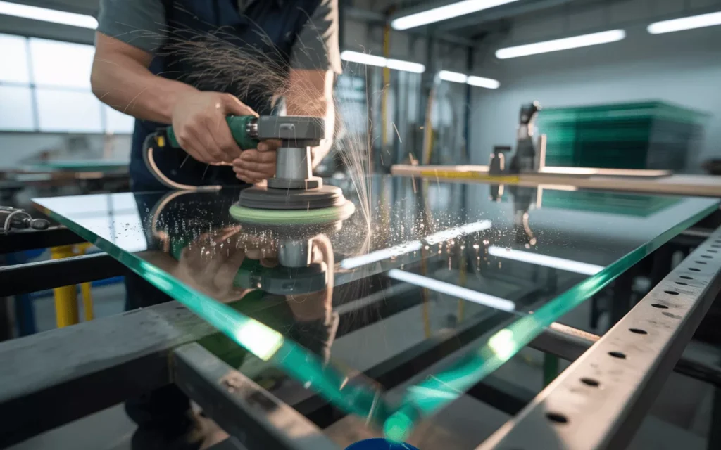 Technician using wet grinder to smooth glass edges in workshop, showing precision polishing and water-cooled finishing process.