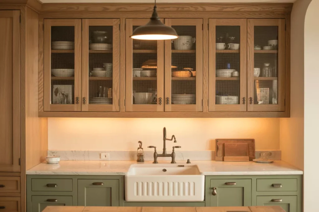 Farmhouse–transitional kitchen with seeded glass shaker cabinets, bronze hardware, and solid lower cabinets for a warm, balanced look.