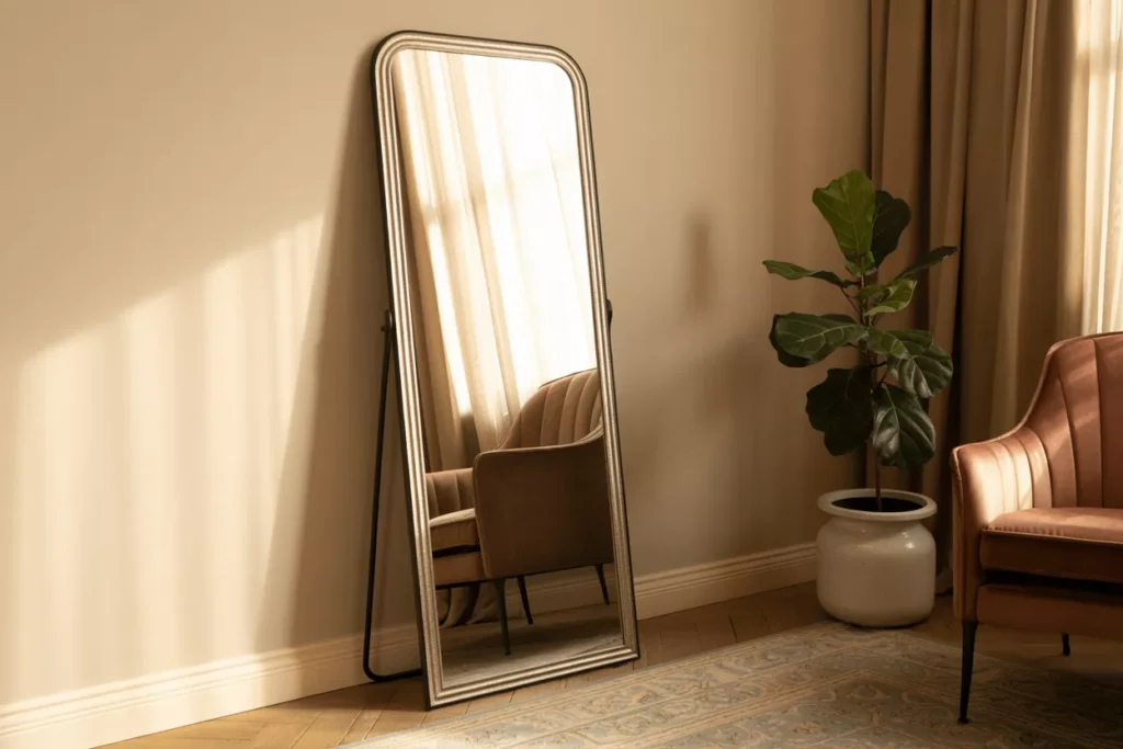 Framed full-length mirror leaning against a wall in a cozy bedroom, reflecting light and adding a touch of luxury.