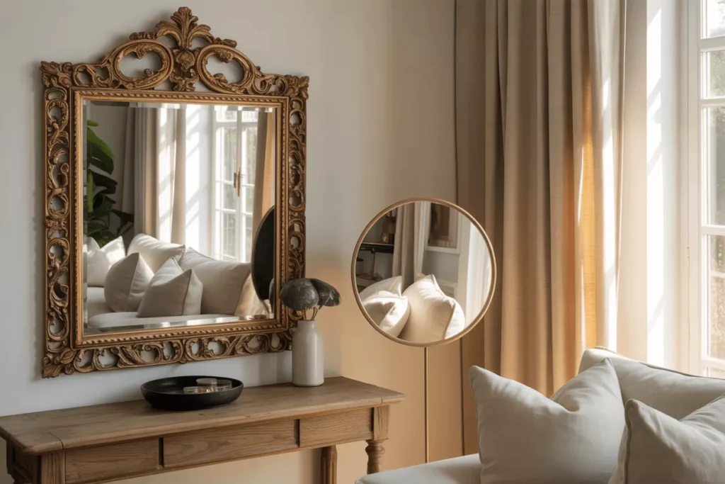 Framed mirrors with wood and metal finishes reflecting warm light, complementing traditional and modern interior décor.
