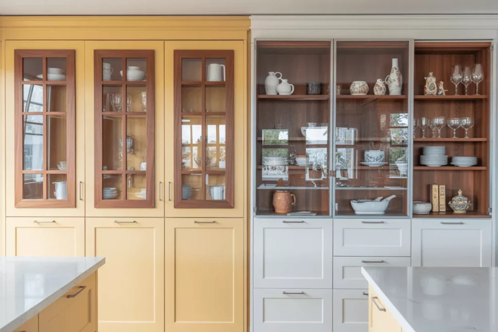 Kitchen with framed glass cabinets beside frameless doors, contrasting farmhouse and modern minimalist styles.