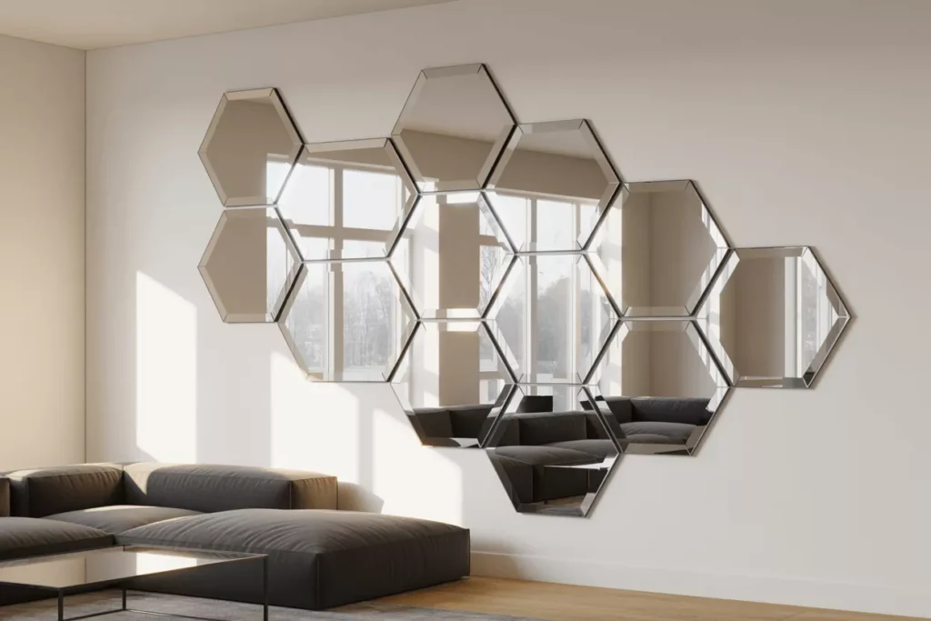 Frameless geometric mirrors on a modern wall reflecting light, adding sleek elegance to a minimalist interior space.