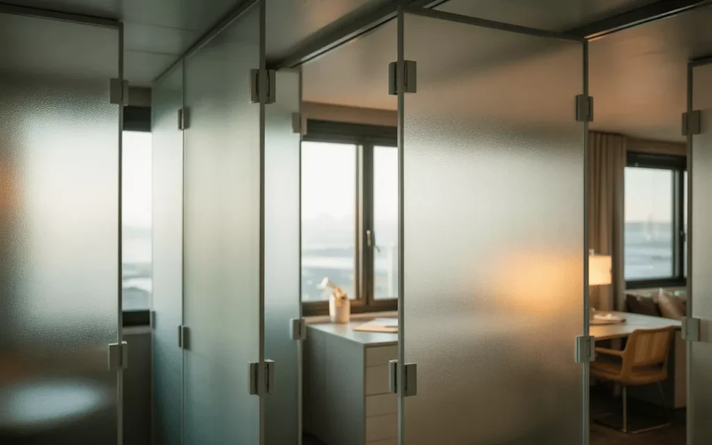 Frosted tempered glass panels with soft light filtering through, giving privacy and brightness in modern interiors.