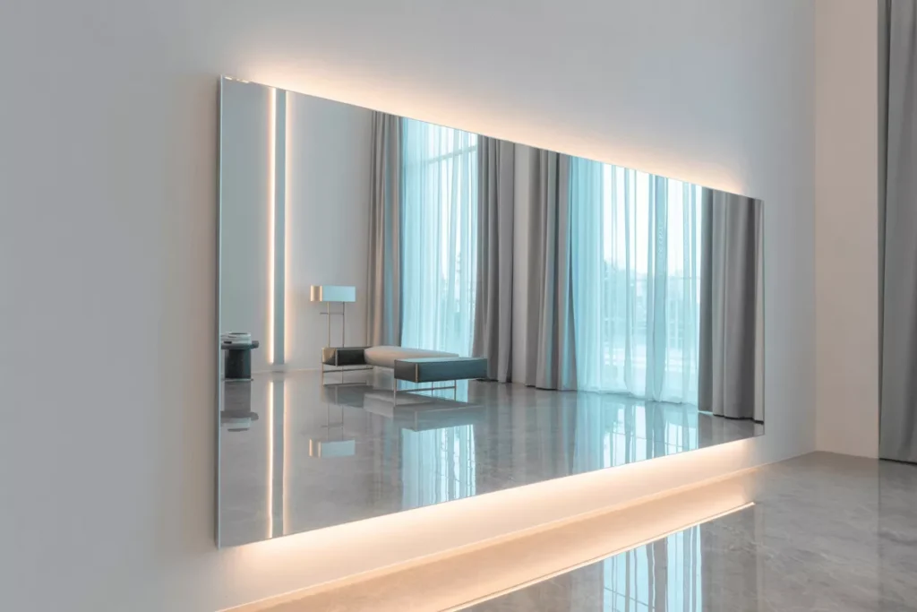 Highly reflective mirror in a bright interior amplifying light and creating a luminous, spacious atmosphere in the room.