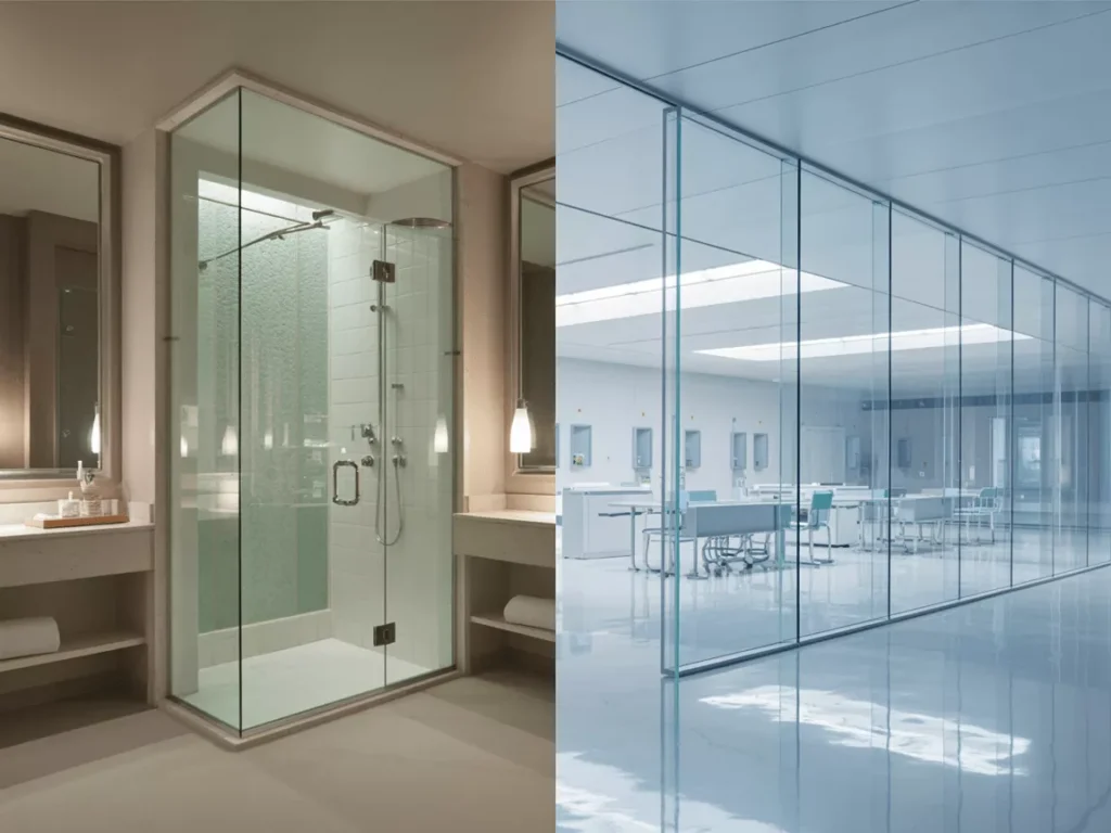Tempered glass in hotel and hospital settings, showing clean, modern, and hygienic partitions and enclosures.