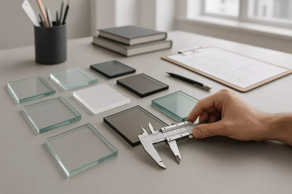 Designer measuring tempered glass samples of different thicknesses and finishes, showing quality and selection process.