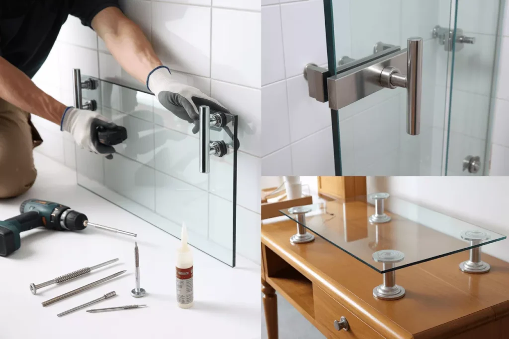 Hands installing tempered glass on brackets, glass tabletop on bumpers, and framed shower door in clean bathroom safely.