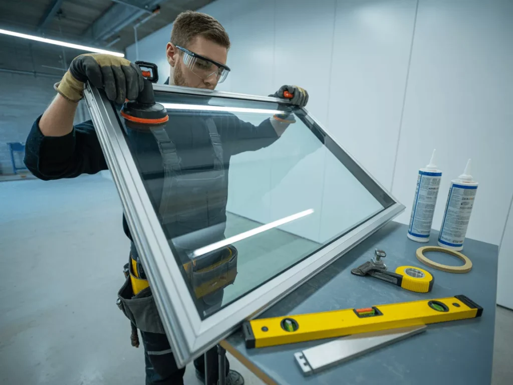 Installer using suction cups and tools to fit tempered glass panel, showing safe, precise, and professional installation.