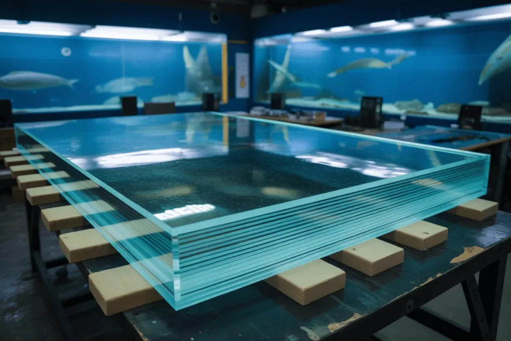 Laminated glass for aquariums panel on a padded stand showing bonded layers and very strong, damage resistant design.