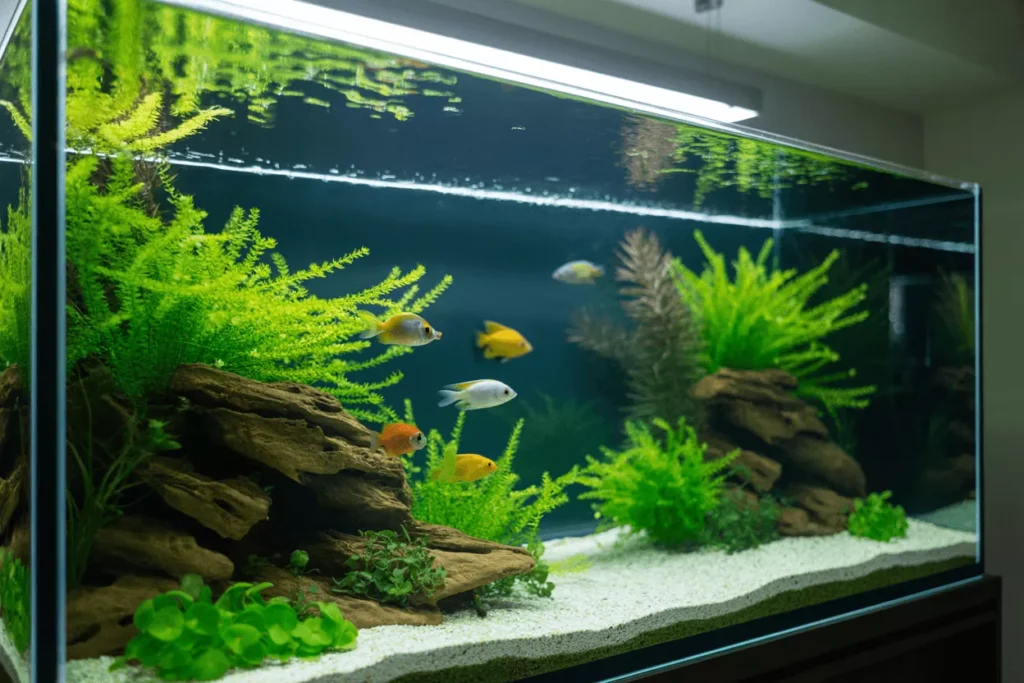 Ultra-clear low-iron fish tank glass showing a crystal-clear aquarium with vivid fish and plants in a realistic modern setting.