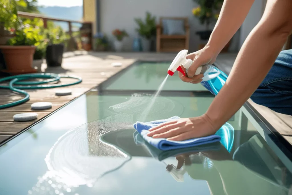 Person cleaning tempered glass with microfiber cloth and cleaner, showing care, scratch prevention, and maintenance.