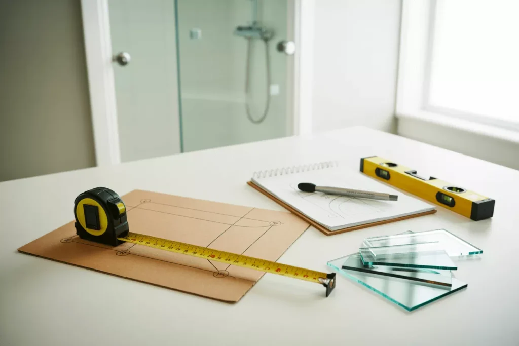 Tools and glass edge samples on a workbench used to measure and plan precise custom tempered glass dimensions accurately.