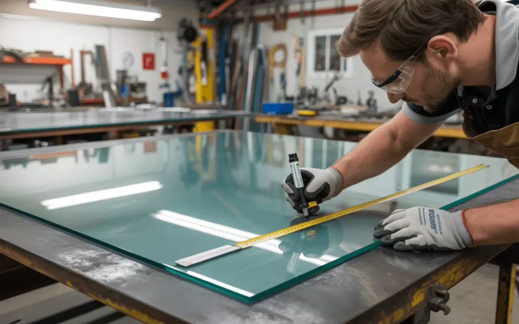 Technician measuring and marking large glass sheet on workshop table, preparing precise layout before tempering.