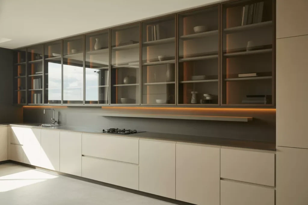 Modern minimalist kitchen with frameless smoked glass cabinets, LED backlighting, and neutral flat-panel cabinetry.